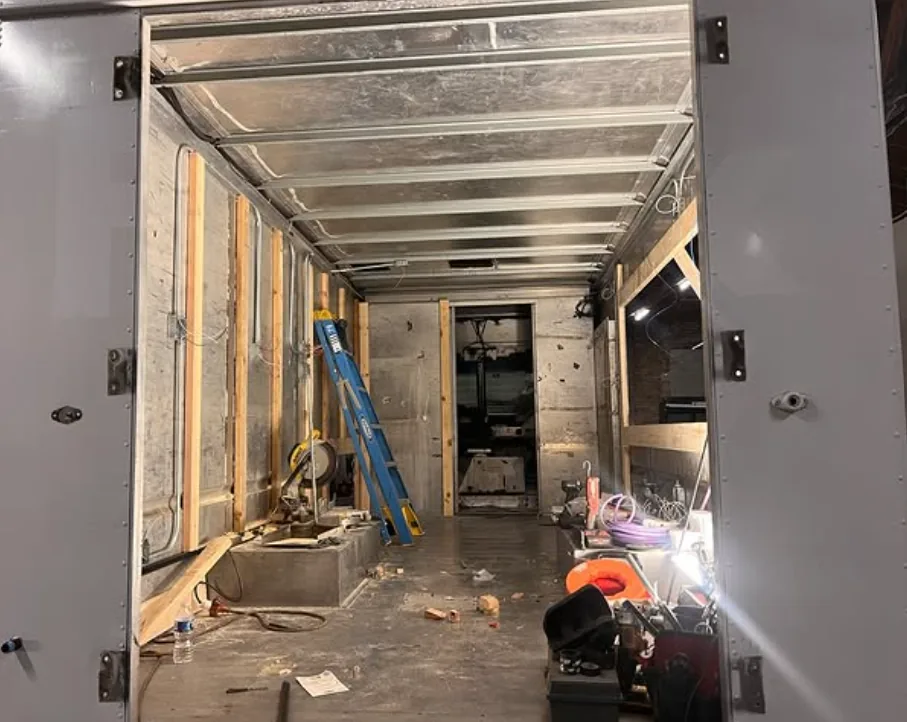 Food trailer interior being framed and built out at JC Installation, Chicago.